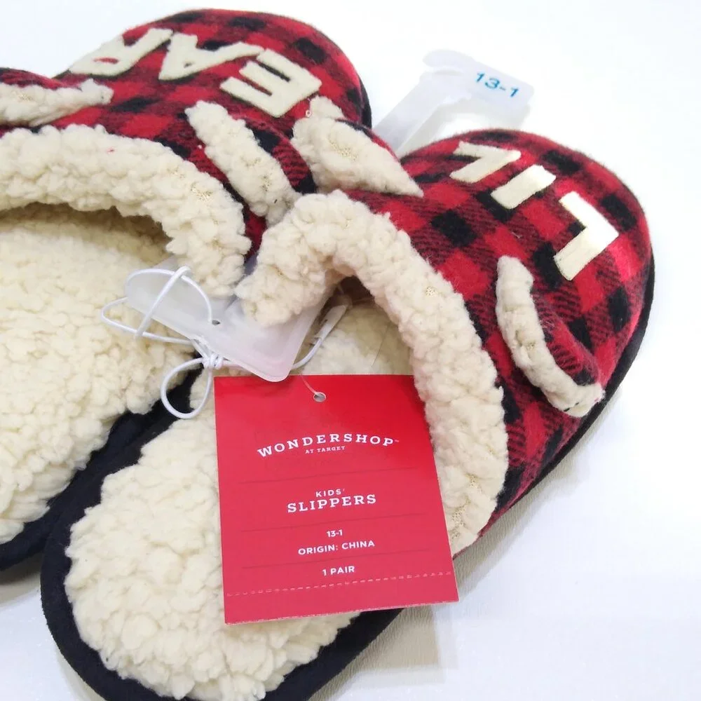 Wondershop Kids Lil Bear Slippers Size 13-1 Red & Black Plaid Faux Fur Lining
